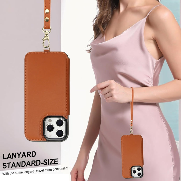 For iPhone 16 Pro Max Double Flap Zipper RFID Leather Phone Case with Short Lanyard(Brown) - iPhone 16 Pro Max Cases by buy2fix | Online Shopping UK | buy2fix