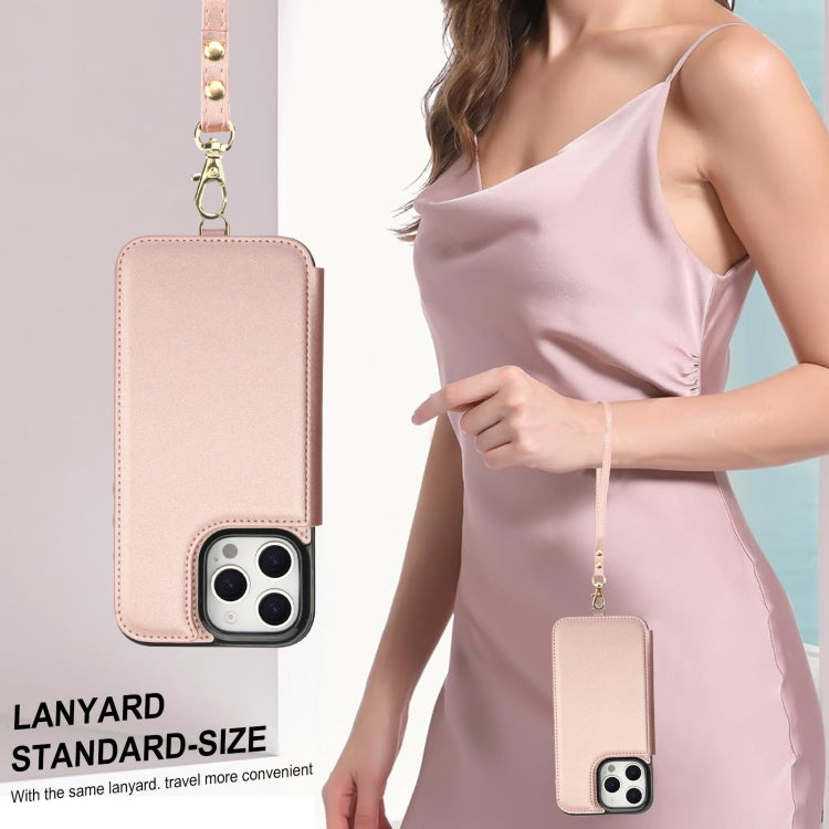 For iPhone 16 Pro Double Flap Zipper RFID Leather Phone Case with Short Lanyard(Rose Gold) - iPhone 16 Pro Cases by buy2fix | Online Shopping UK | buy2fix