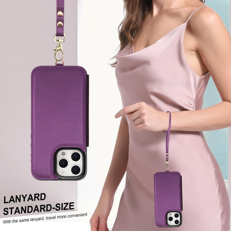 For iPhone 16 Pro Double Flap Zipper RFID Leather Phone Case with Short Lanyard(Dark Purple) - iPhone 16 Pro Cases by buy2fix | Online Shopping UK | buy2fix
