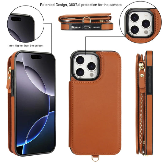 For iPhone 16 Pro Double Flap Zipper RFID Leather Phone Case with Short Lanyard(Brown) - iPhone 16 Pro Cases by buy2fix | Online Shopping UK | buy2fix