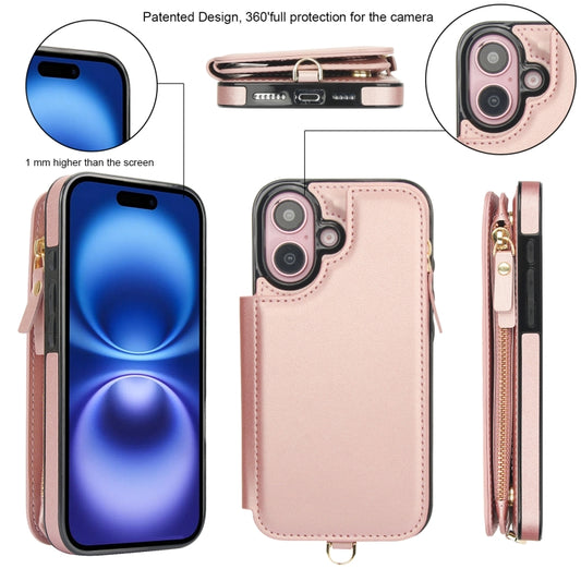 For iPhone 16 Double Flap Zipper RFID Leather Phone Case with Short Lanyard(Rose Gold) - iPhone 16 Cases by buy2fix | Online Shopping UK | buy2fix
