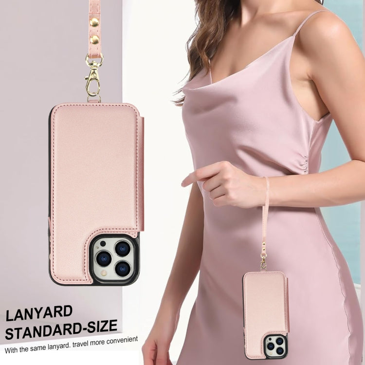 For iPhone 15 Pro Double Flap Zipper RFID Leather Phone Case with Short Lanyard(Rose Gold) - iPhone 15 Pro Cases by buy2fix | Online Shopping UK | buy2fix