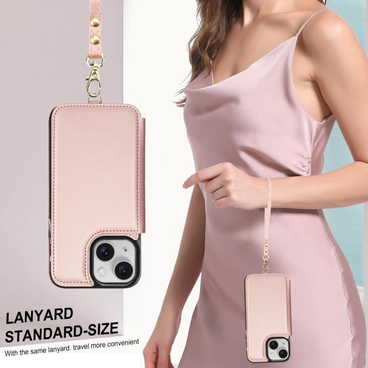 For iPhone 15 Double Flap Zipper RFID Leather Phone Case with Short Lanyard(Rose Gold) - iPhone 15 Cases by buy2fix | Online Shopping UK | buy2fix