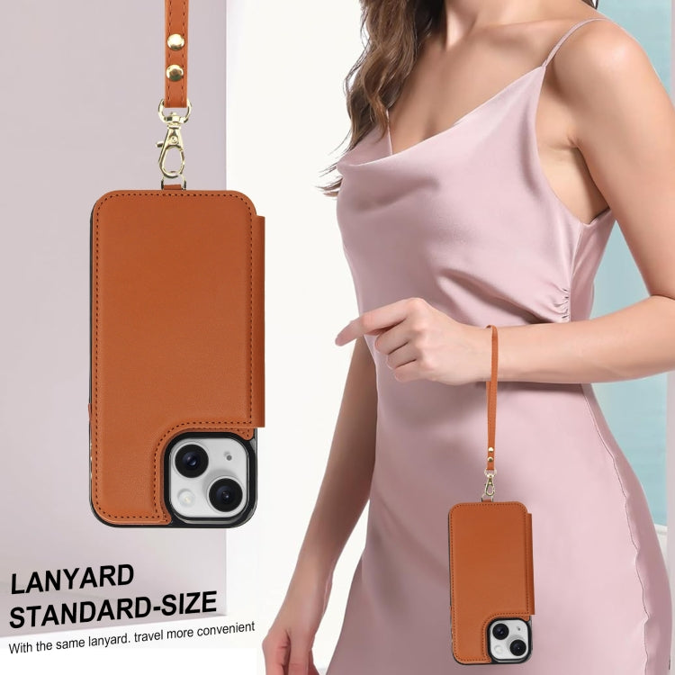For iPhone 15 Double Flap Zipper RFID Leather Phone Case with Short Lanyard(Brown) - iPhone 15 Cases by buy2fix | Online Shopping UK | buy2fix