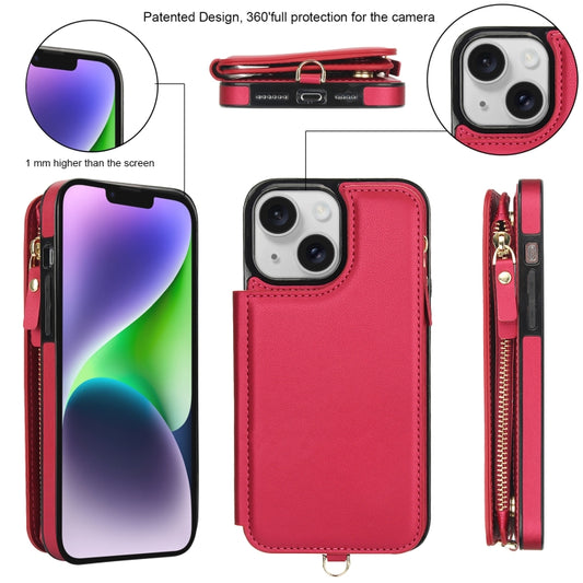 For iPhone 14 Plus Double Flap Zipper RFID Leather Phone Case with Short Lanyard(Red) - iPhone 14 Plus Cases by buy2fix | Online Shopping UK | buy2fix