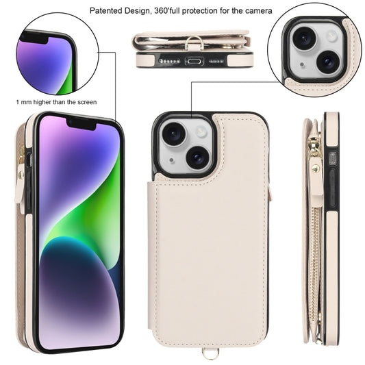 For iPhone 14 Double Flap Zipper RFID Leather Phone Case with Short Lanyard(White) - iPhone 14 Cases by buy2fix | Online Shopping UK | buy2fix