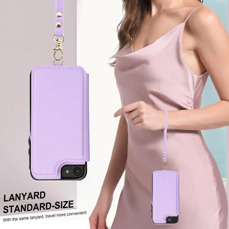 For iPhone SE 2022 / 2020 / 8 Double Flap Zipper RFID Leather Phone Case with Short Lanyard(Light Purple) - iPhone SE 2022 / 2020 / 8 / 7 Cases by buy2fix | Online Shopping UK | buy2fix