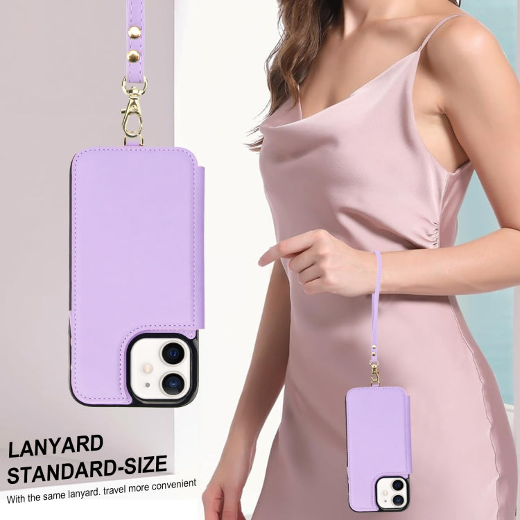 For iPhone 12 Double Flap Zipper RFID Leather Phone Case with Short Lanyard(Light Purple) - iPhone 12 / 12 Pro Cases by buy2fix | Online Shopping UK | buy2fix