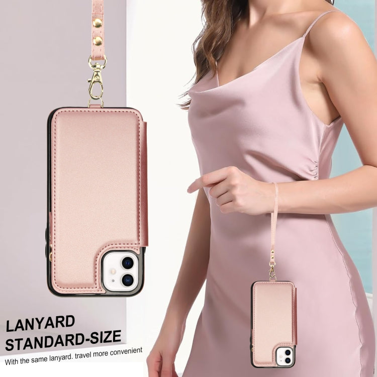 For iPhone 11 Double Flap Zipper RFID Leather Phone Case with Short Lanyard(Rose Gold) - iPhone 11 Cases by buy2fix | Online Shopping UK | buy2fix