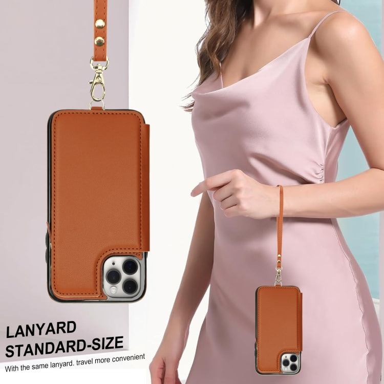 For iPhone 11 Pro Double Flap Zipper RFID Leather Phone Case with Short Lanyard(Brown) - iPhone 11 Pro Cases by buy2fix | Online Shopping UK | buy2fix
