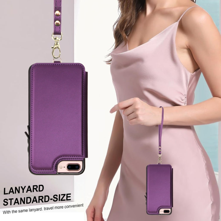 For iPhone 8 Plus / 7 Plus Double Flap Zipper RFID Leather Phone Case with Short Lanyard(Dark Purple) - More iPhone Cases by buy2fix | Online Shopping UK | buy2fix
