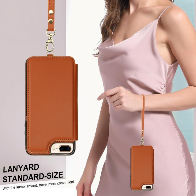 For iPhone 8 Plus / 7 Plus Double Flap Zipper RFID Leather Phone Case with Short Lanyard(Brown) - More iPhone Cases by buy2fix | Online Shopping UK | buy2fix