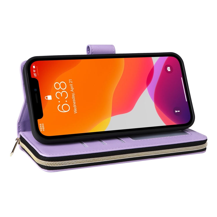 For iPhone 12 / 12 Pro Nine-card Slots Zipper Wallet Bag Leather Phone Case(Light Purple) - iPhone 12 / 12 Pro Cases by buy2fix | Online Shopping UK | buy2fix