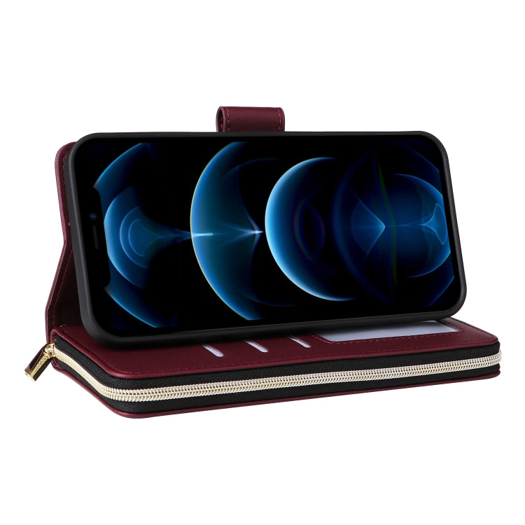 For iPhone 12 Pro Max Nine-card Slots Zipper Wallet Bag Leather Phone Case(Wine Red) - iPhone 12 Pro Max Cases by buy2fix | Online Shopping UK | buy2fix