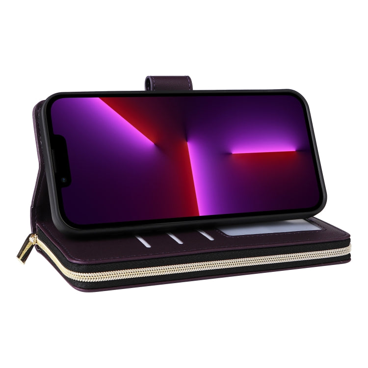 For iPhone 13 Pro Nine-card Slots Zipper Wallet Bag Leather Phone Case(Dark Purple) - iPhone 13 Pro Cases by buy2fix | Online Shopping UK | buy2fix