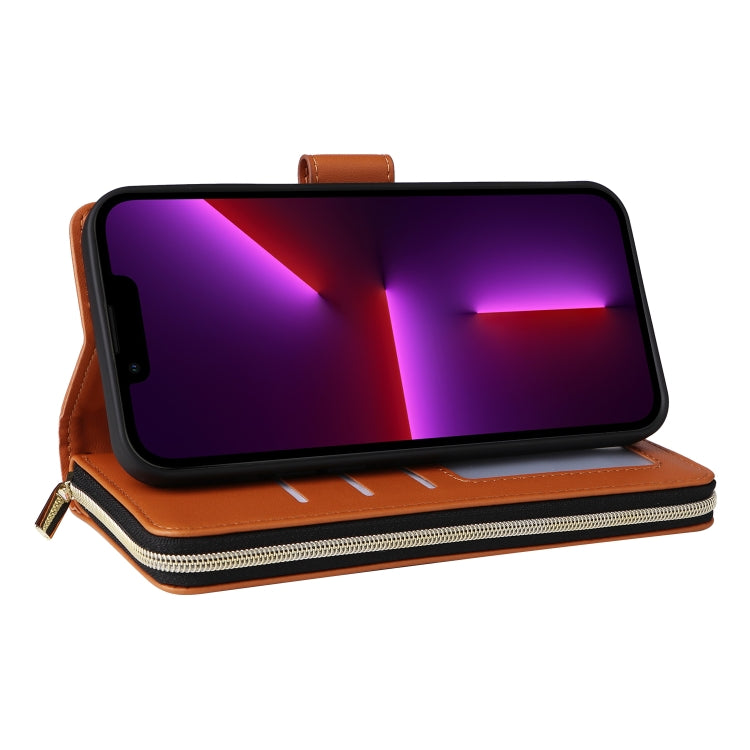 For iPhone 13 Pro Nine-card Slots Zipper Wallet Bag Leather Phone Case(Brown) - iPhone 13 Pro Cases by buy2fix | Online Shopping UK | buy2fix