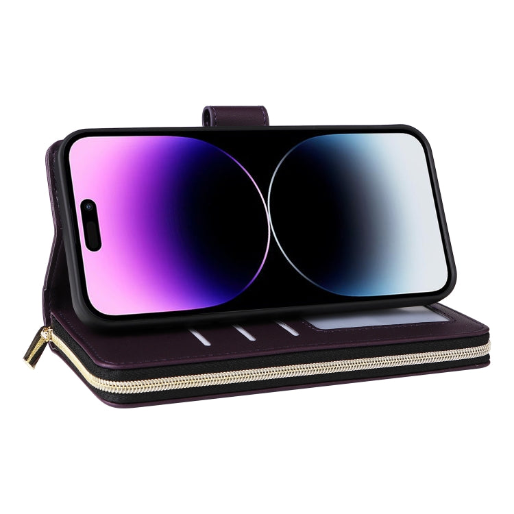 For iPhone 14 Pro Max Nine-card Slots Zipper Wallet Bag Leather Phone Case(Dark Purple) - iPhone 14 Pro Max Cases by buy2fix | Online Shopping UK | buy2fix