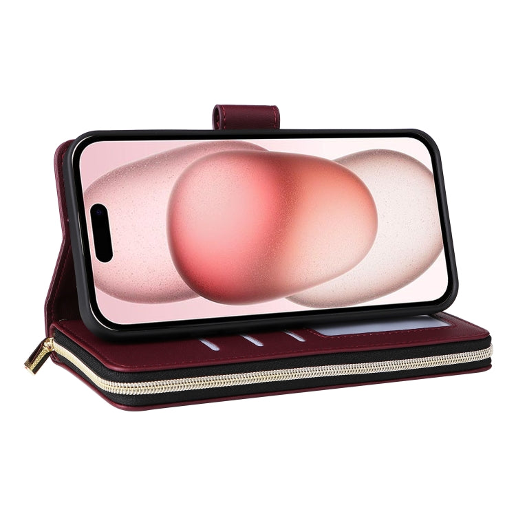 For iPhone 15 Nine-card Slots Zipper Wallet Bag Leather Phone Case(Wine Red) - iPhone 15 Cases by buy2fix | Online Shopping UK | buy2fix