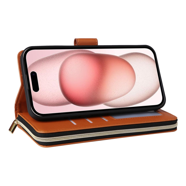 For iPhone 15 Nine-card Slots Zipper Wallet Bag Leather Phone Case(Brown) - iPhone 15 Cases by buy2fix | Online Shopping UK | buy2fix