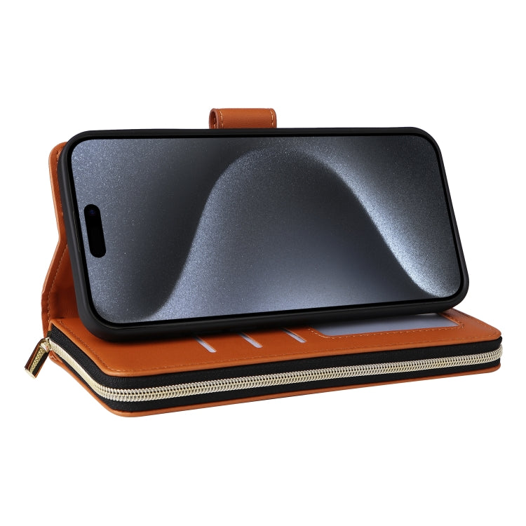 For iPhone 15 Pro Nine-card Slots Zipper Wallet Bag Leather Phone Case(Brown) - iPhone 15 Pro Cases by buy2fix | Online Shopping UK | buy2fix