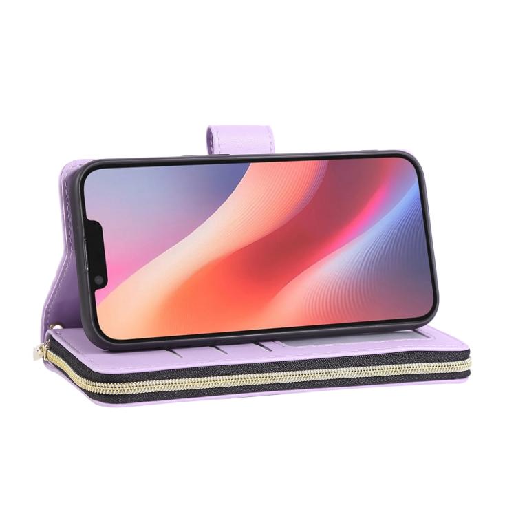 For iPhone 16e Nine-card Slots Zipper Wallet Bag Leather Phone Case(Light Purple) - iPhone 16e Cases by buy2fix | Online Shopping UK | buy2fix