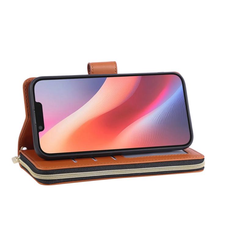 For iPhone 16e Nine-card Slots Zipper Wallet Bag Leather Phone Case(Brown) - iPhone 16e Cases by buy2fix | Online Shopping UK | buy2fix