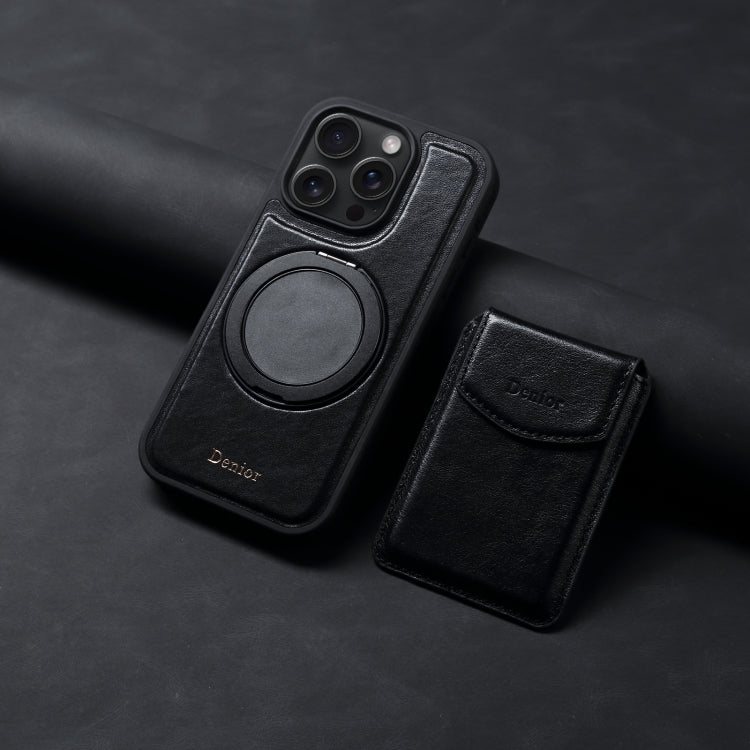 For iPhone 16 Pro Denior D22 Genuine Leather MagSafe Holder Detachable Card Slot Phone Case(Black) by Denior