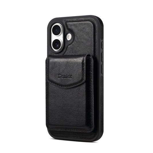 For iPhone 16 Plus Denior D22 Genuine Leather MagSafe Holder Detachable Card Slot Phone Case(Black) by Denior