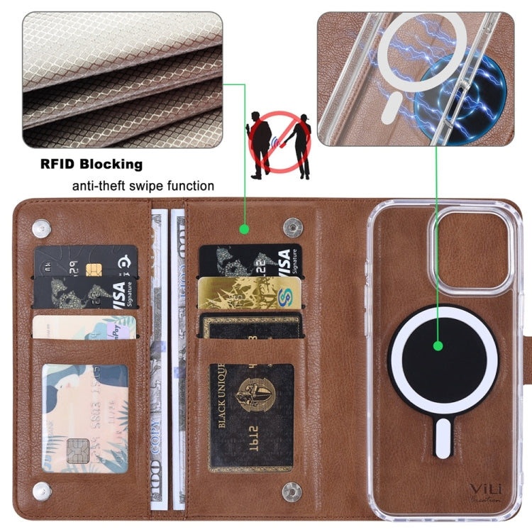 For iPhone 15 Plus ViLi GVS-C Series MagSafe Magnetic RFID Leather Flip Phone Case(Brown) - iPhone 15 Plus Cases by ViLi | Online Shopping UK | buy2fix