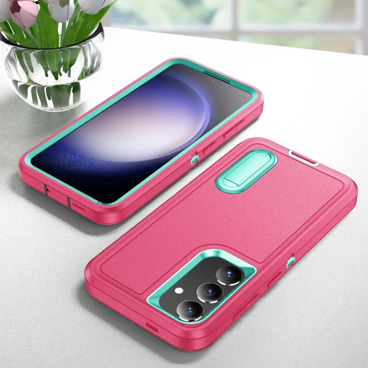 For Samsung Galaxy S24 / S25 5G Rugged PC Hybrid Silicone Phone Case with Holder(Rose Red+Light Green) by buy2fix