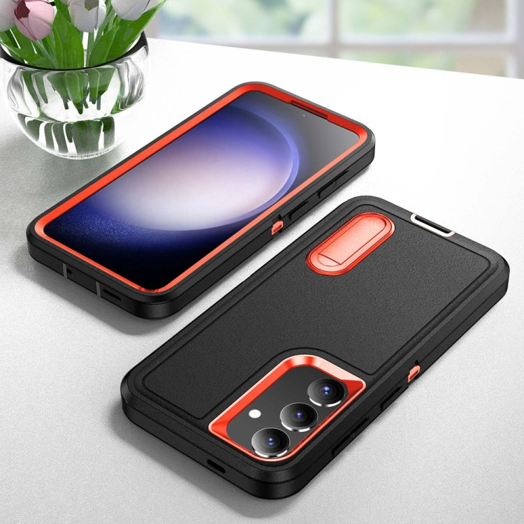 For Samsung Galaxy S24 / S25 5G Rugged PC Hybrid Silicone Phone Case with Holder(Black+Orange) by buy2fix