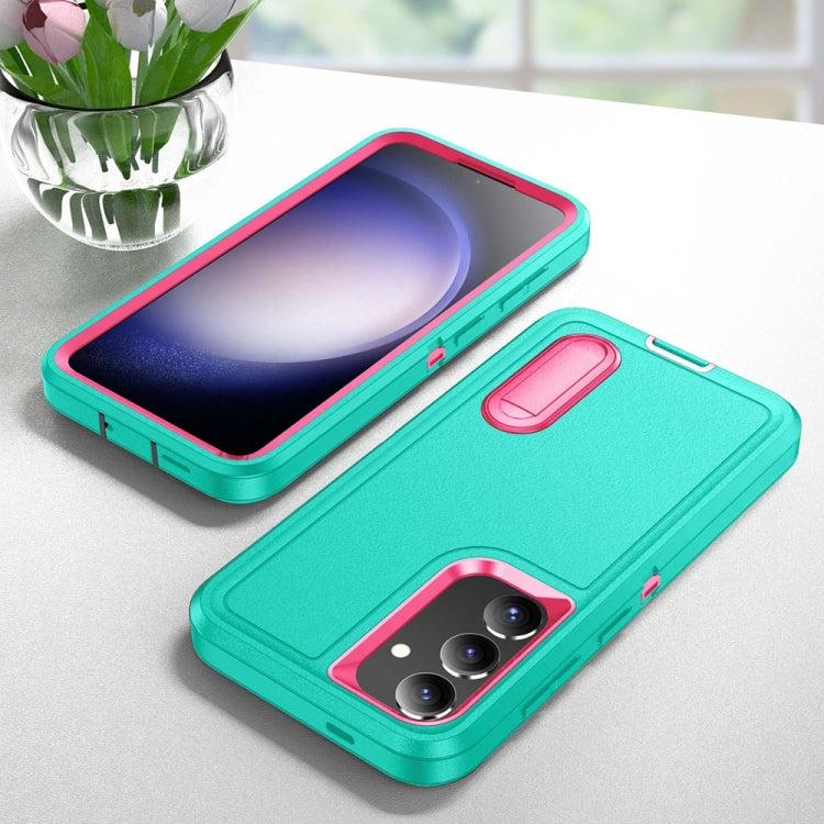 For Samsung Galaxy S24 / S25 5G Rugged PC Hybrid Silicone Phone Case with Holder(Light Green+Rose Red) by buy2fix