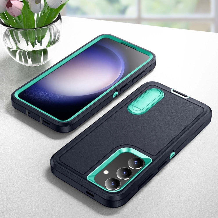 For Samsung Galaxy S24+ / S25+ 5G Rugged PC Hybrid Silicone Phone Case with Holder(Dark Blue+Light Green) by buy2fix