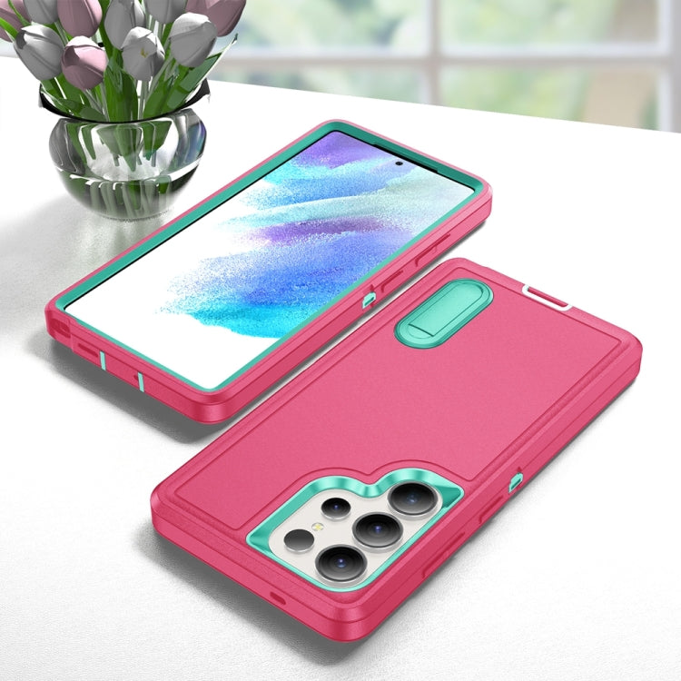 For Samsung Galaxy S25 Ultra 5G Rugged PC Hybrid Silicone Phone Case with Holder(Rose Red+Light Green) by buy2fix