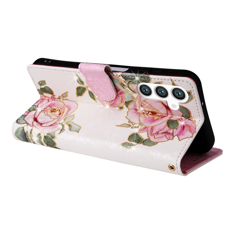 For Samsung Galaxy S25 5G Bronzing Painting RFID Leather Phone Case(Rose Flower) by buy2fix