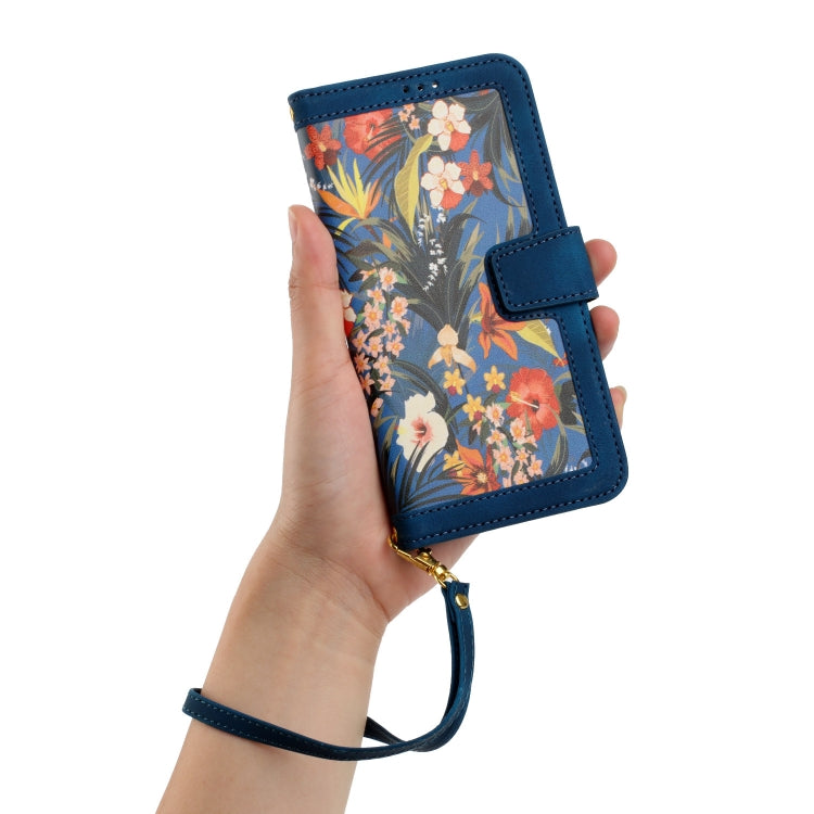 For Samsung Galaxy S25 Ultra 5G Floral Pattern Leather Phone Case with Lanyard(Dark Blue) by buy2fix