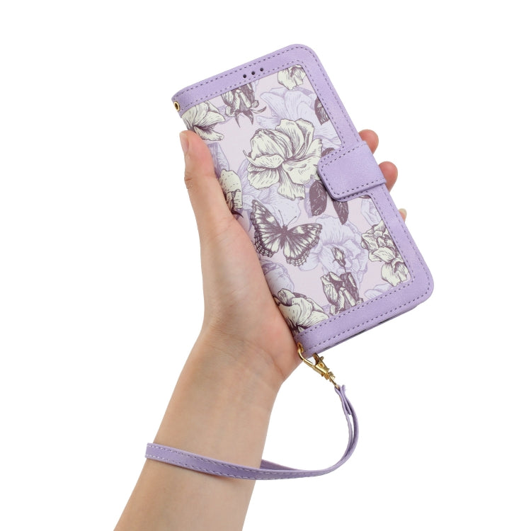 For Samsung Galaxy S25+ 5G Floral Pattern Leather Phone Case with Lanyard(Light Purple) by buy2fix