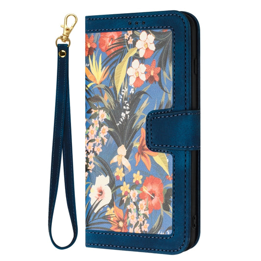 For Samsung Galaxy S25+ 5G Floral Pattern Leather Phone Case with Lanyard(Dark Blue) by buy2fix