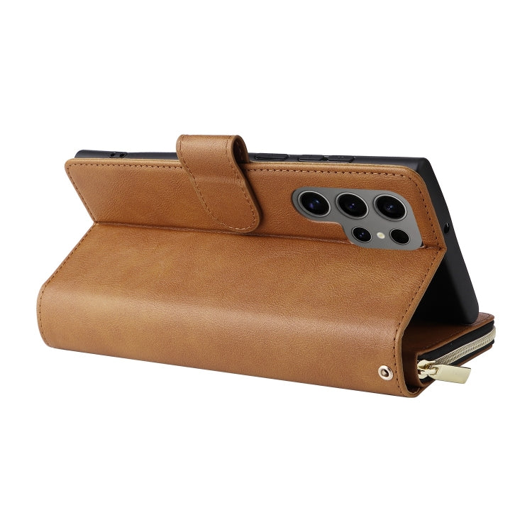 For Samsung Galaxy S25 Ultra 5G 9-Card Slots Zipper Wallet Bag Leather Phone Case(Brown) by buy2fix
