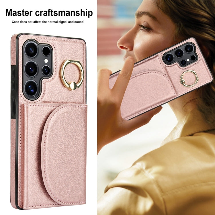 For Samsung Galaxy S25 Ultra 5G Ring Holder Card Bag Skin Feel Phone Case(Rose Gold) by buy2fix