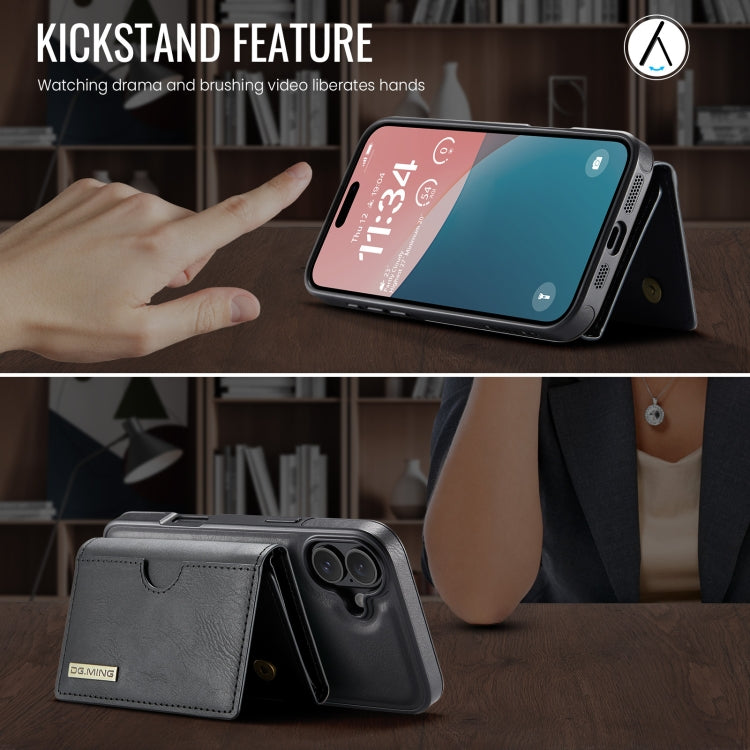 For iPhone 16 DG.MING M6 Series RFID Tri-fold Card Bag Removable Leather Phone Case(Black) by DG.MING