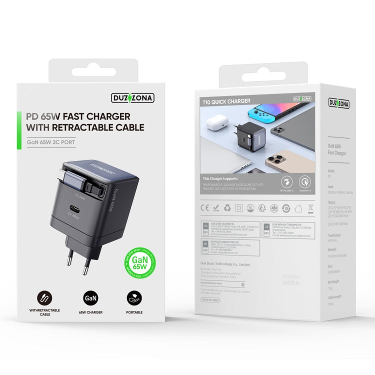 DUZZONA T10 PD 65W GaN Mini Type-C / USB-C Fast Charger with Cable, EU Plug(Black) - USB Charger by DUZZONA | Online Shopping UK | buy2fix
