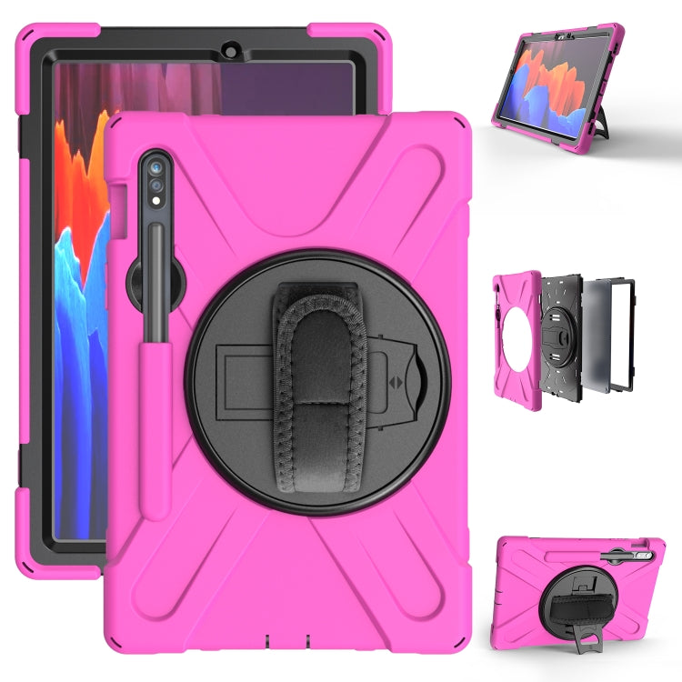 For Samsung Galaxy Tab S9 / Galaxy Tab S8 / Galaxy Tab S7 (2020) T870 Shockproof Colorful Silicone + PC Protective Case with Holder & Shoulder Strap & Hand Strap & Pen Slot(Rose Red) by buy2fix