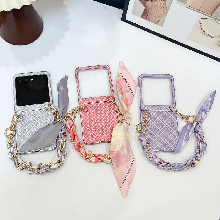 For Motorola Razr 50 Sparkling Diamond Rhombus PC Phone Case with Silk Scarf Bracelet(Pink) by buy2fix