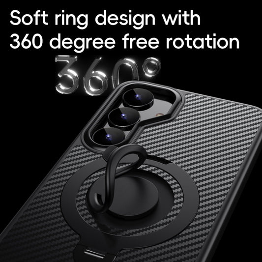For Samsung Galaxy S25 5G Carbon Fiber MagSafe Phone Case with 360 Degree Rotating Holder(Black Grey) by buy2fix