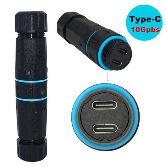 10Gpbs Dual Ports Type-C Straight Waterproof Connector M20 Outdoor Waterproof Coupler Adapter - Network Hubs by buy2fix | Online Shopping UK | buy2fix