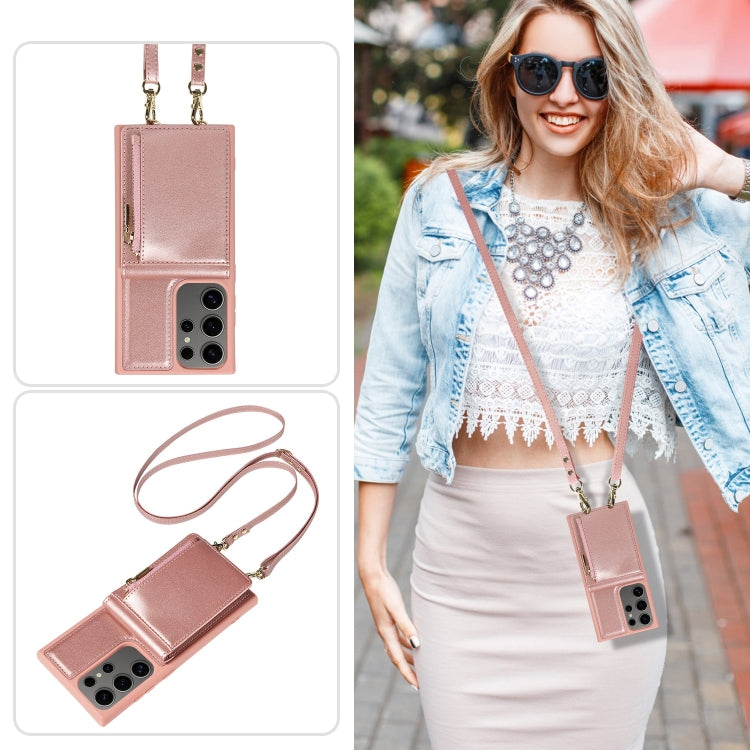 For Samsung Galaxy S25 Ultra 5G Crossbody Lanyard Zipper Wallet Leather Phone Case(Rose Gold) by buy2fix
