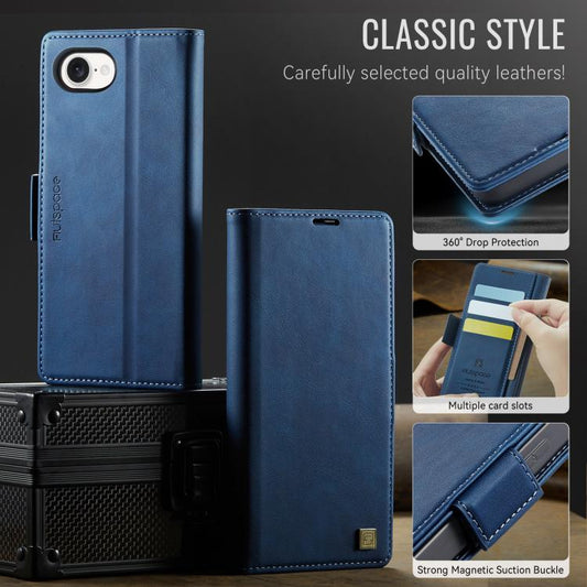 For iPhone 16e AutSpace A11 Side Buckle MagSafe Magnetic RFID Phone Leather Case(Blue) - iPhone 16e Cases by AutSpace | Online Shopping UK | buy2fix