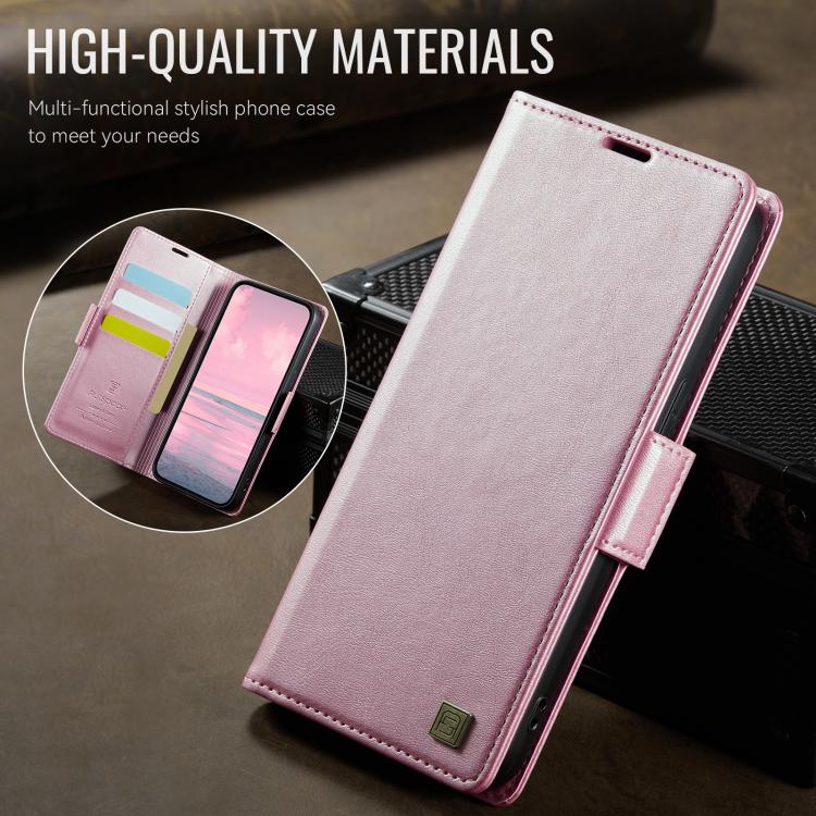 For iPhone 16e AutSpace A11 Side Buckle MagSafe Magnetic RFID Phone Leather Case(Rose Gold) - iPhone 16e Cases by AutSpace | Online Shopping UK | buy2fix