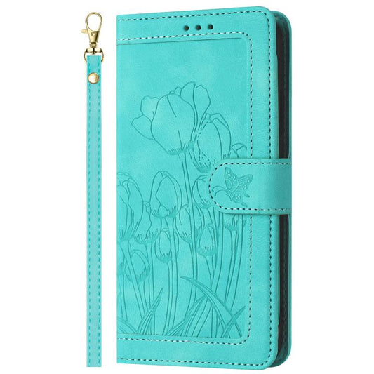 For Google Pixel 10 Tulips Embossed Leather Phone Case with Lanyard(Green) - Google Cases by buy2fix | Online Shopping UK | buy2fix